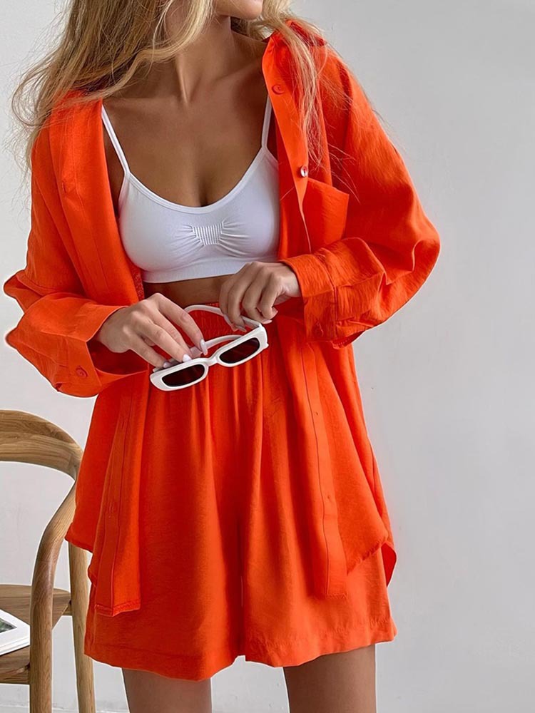 Women's Casual Solid Colour Long Sleeve Loose Sports Shorts Set_voghion.com