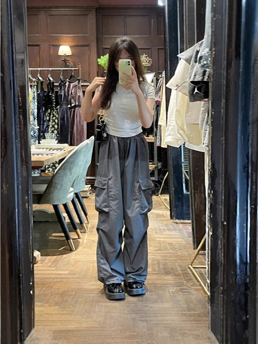 American retro lined work pants for women, loose hot girl style hiphop street dance pants with functional drawstring long pants