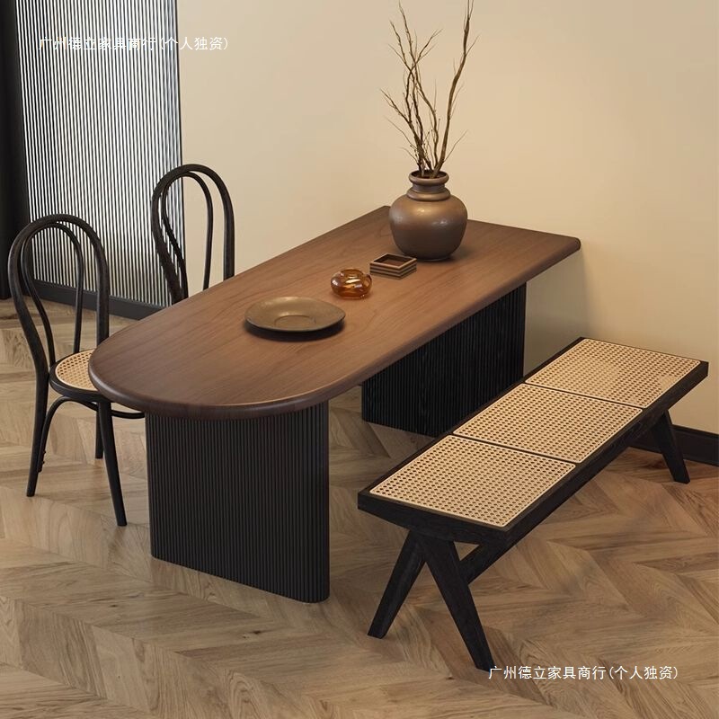 法式中古实木餐桌椅组合家用小户型半圆弧形靠墙岛台饭桌侘寂风|undefined