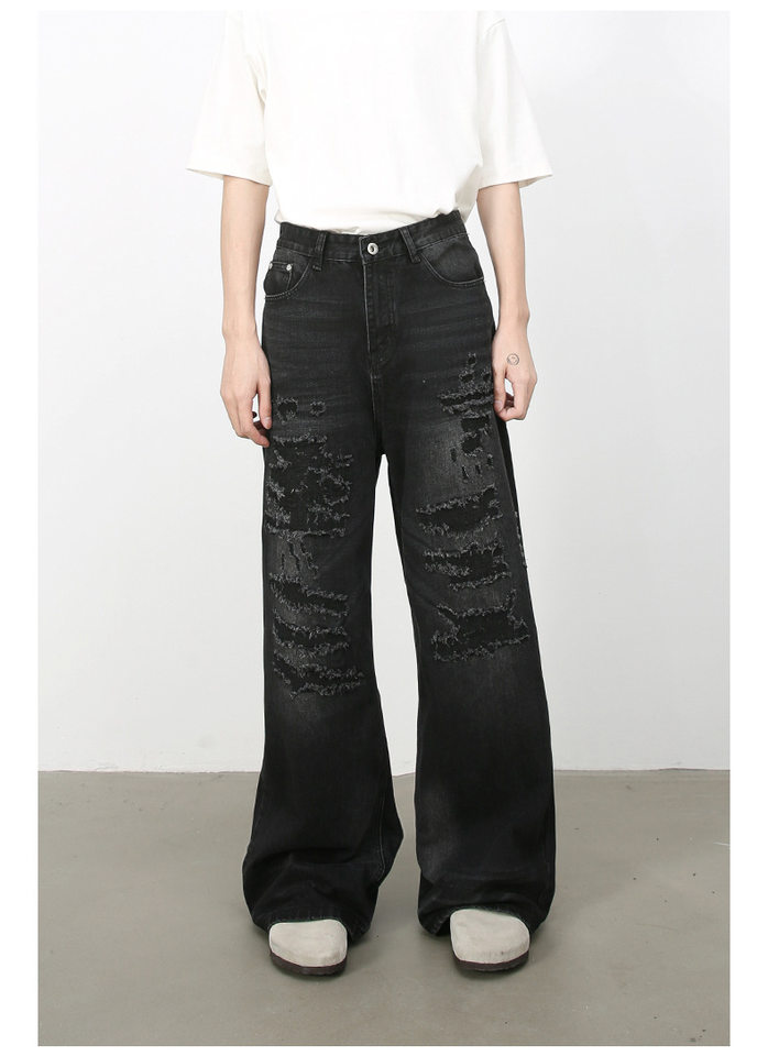 Quần jean nam ống rộng denim rách giặt cũ phong cách đường phố — Màu xanh lam, Đen xám chi tiết 13