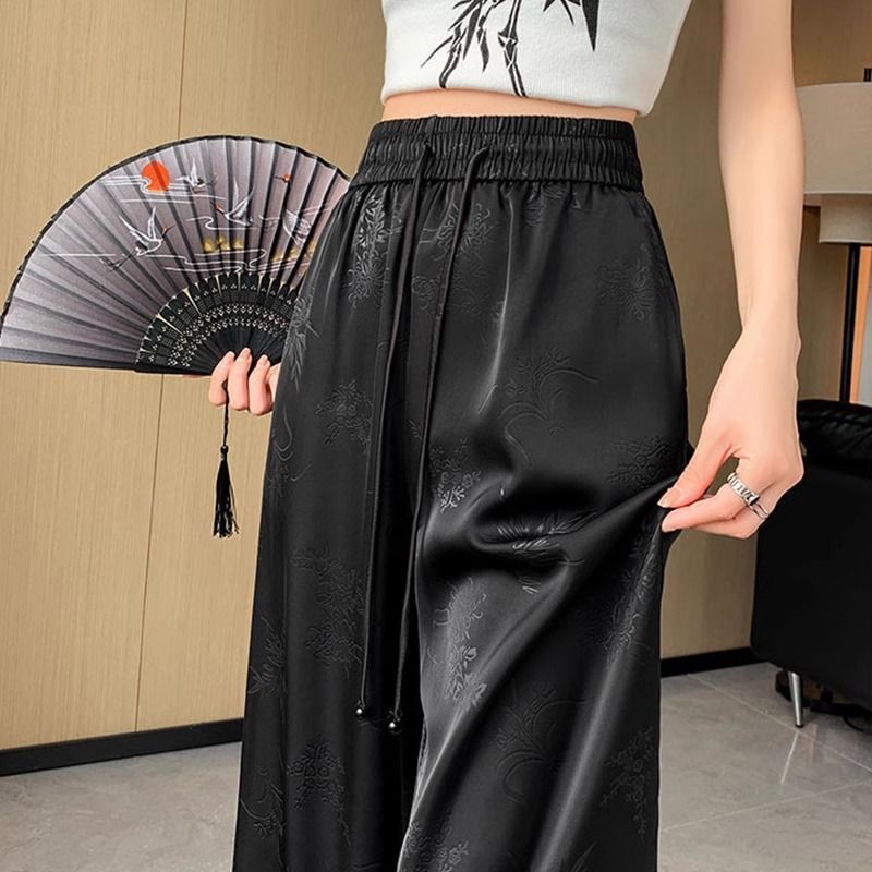 【大码80-300斤】新中式提花阔腿裤女夏季薄款冰丝垂感宽松休闲裤|undefined
