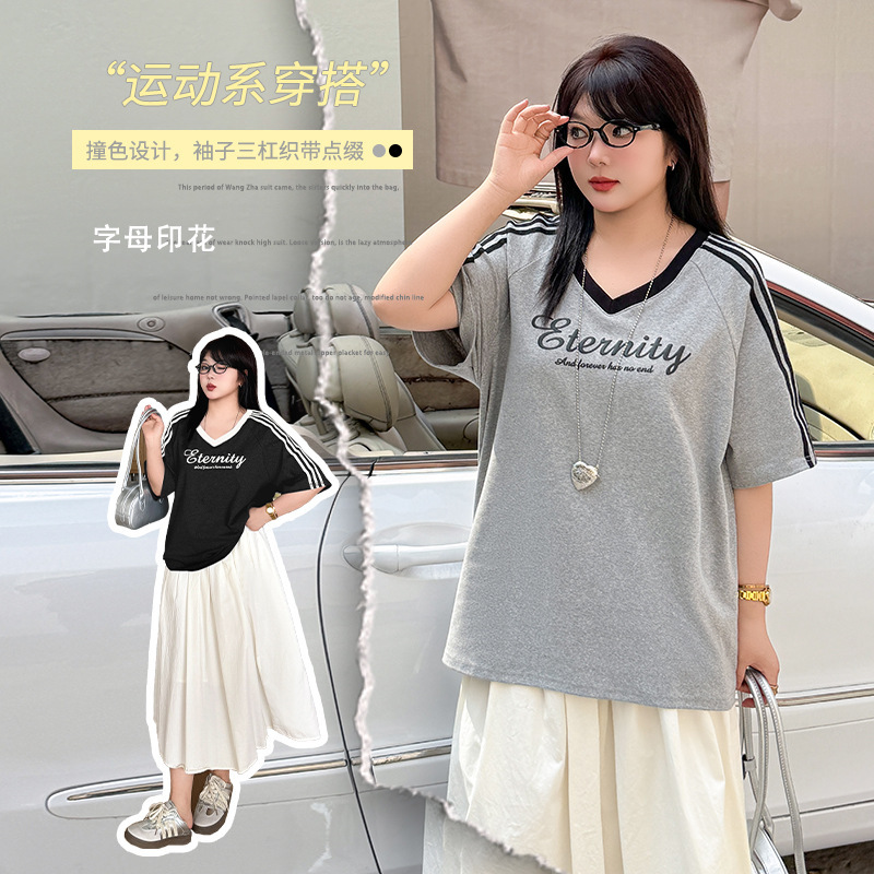 Inno Plus-Size Women's Clothing American Retro Trendy Color-Blocking T-Shirt Summer V-Neck Loose Top 142105