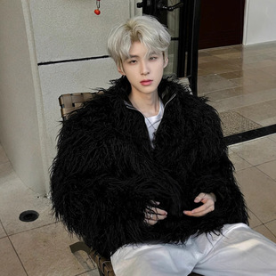Heavy Imitation Mink Velvet Jacket Men's American Style High Street Solid Color Middle Corrugated Long Hair Leather Cotton-padded Coat Warm Cotton-padded Coat for Autumn and Winter