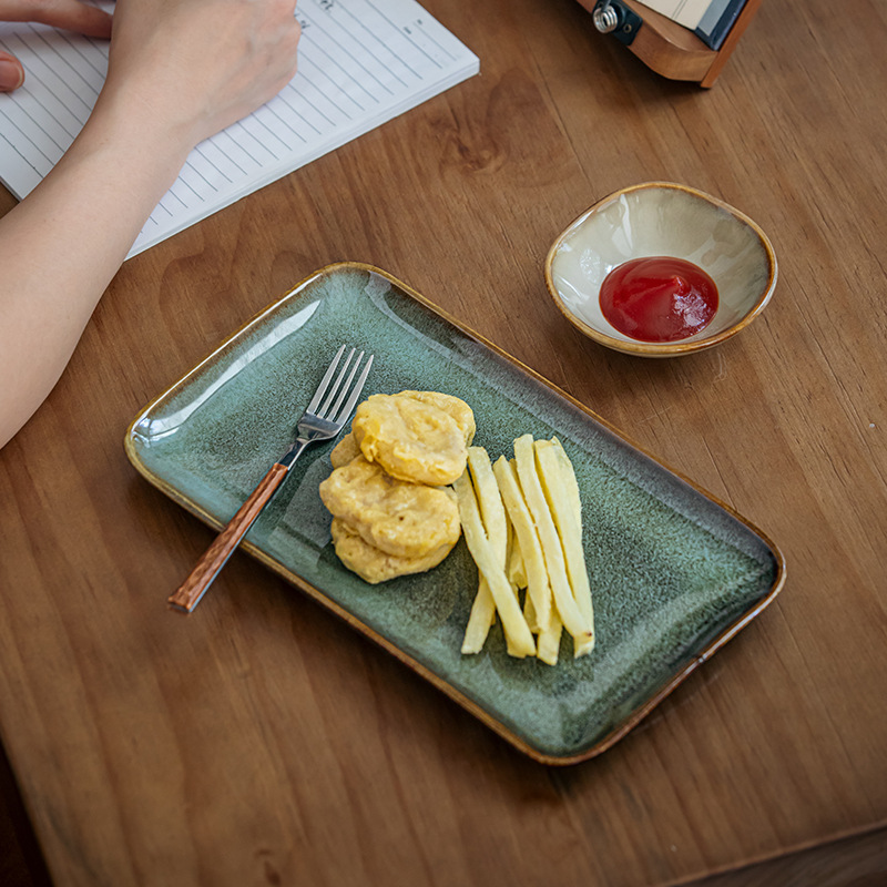Bobbi verde retro textura rectangular platos de bocadillos de cerámica platos de sushi japonés exportación transfronteriza