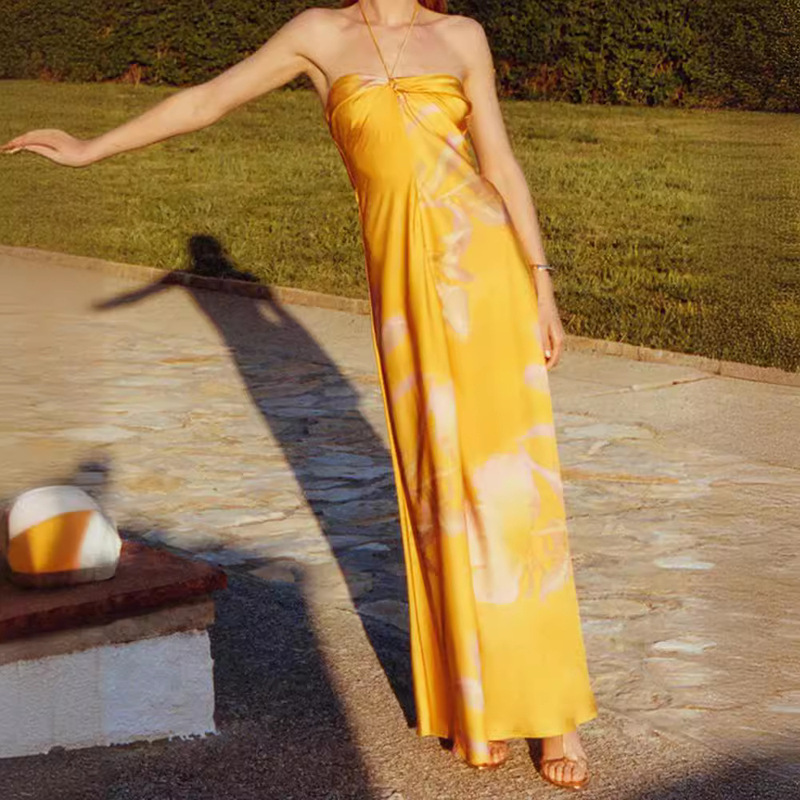European and American Cross-Border 2024 Summer New Yellow Printed Satin Dress Sleeveless Halterneck Backless Long Skirt Sexy Style