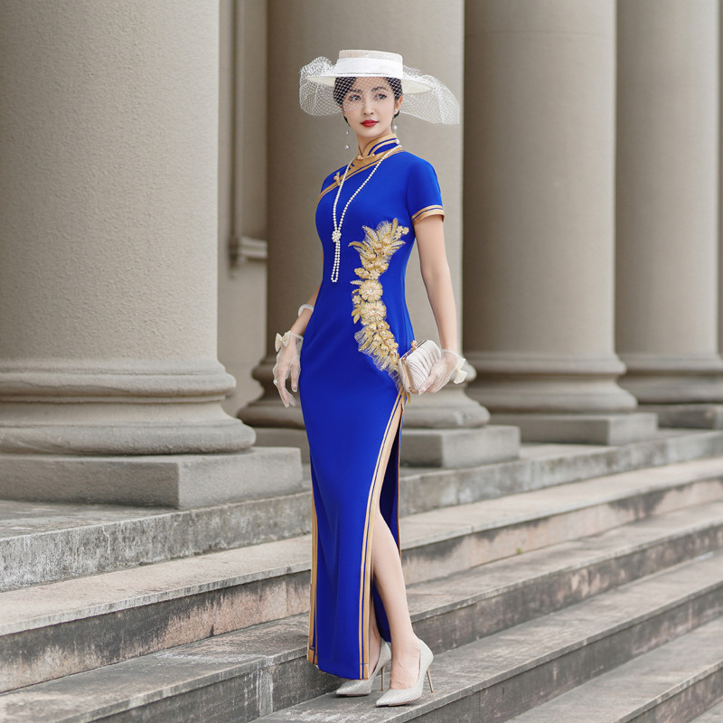 2026 Summer New Style Gold Wide-Brimmed Elastic Slim-Fit Plus-Size Performance Qipao Dress for Moms, Suitable for Petite Sizes 2026 Summer New Style Gold Wide-Brimmed Elastic Slim-Fit Plus-Size Performance Qipao Dress for Moms, Suitable for Petite Sizes