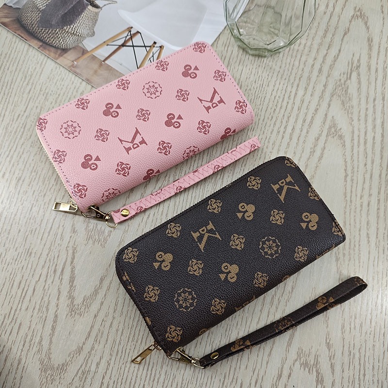 New women's long wallet with single zipper, high-quality genuine leather texture, multiple card slots, printed design, large bill holder, clutch bag