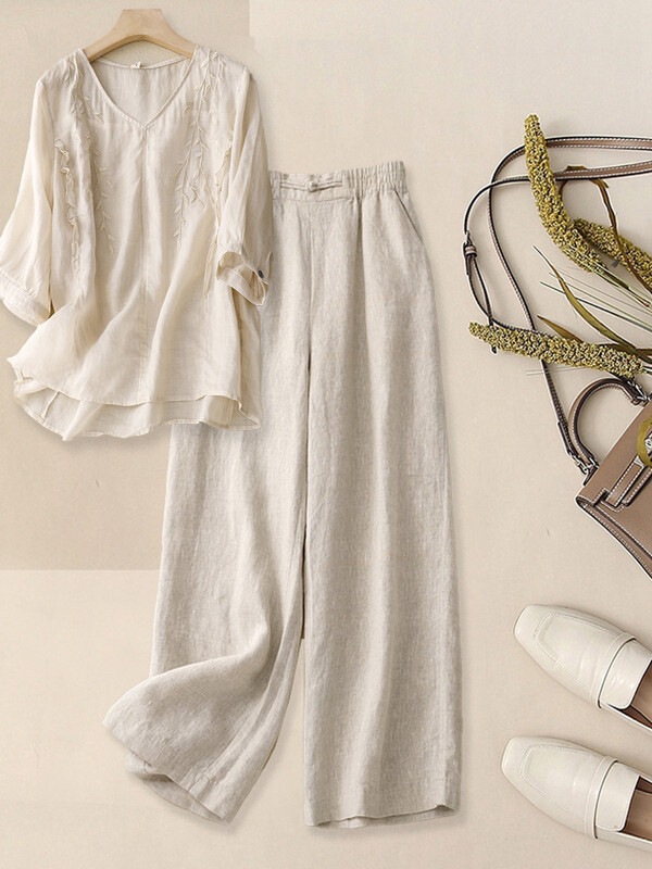 New Summer Linen Suit for Women, High-End Five-Quarter Sleeve Embroidered Shirt, Cotton and Linen Wide-Leg Pants Two-Piece Set New Summer Linen Suit for Women, High-End Five-Quarter Sleeve Embroidered Shirt, Cotton and Linen Wide-Leg Pants Two-Piece Set