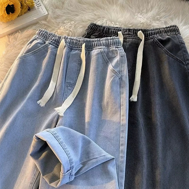 Cross-border foreign trade Hong Kong style drawstring jeans for men, autumn high-end versatile loose American high street straight pants Cross-border foreign trade Hong Kong style drawstring jeans for men, autumn high-end versatile loose American high street straight pants