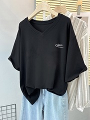 ファットmm右肩半袖Tシャツレディース2025年夏新作ゆったり大きいサイズお腹カバー半袖TシャツVネックトップ