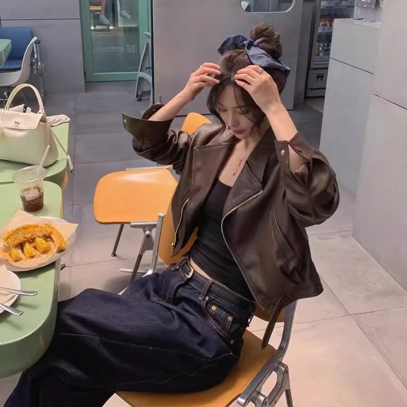 港风复古咖色pu皮衣外套女早秋季2025新款小个子短款机车夹克上衣|undefined