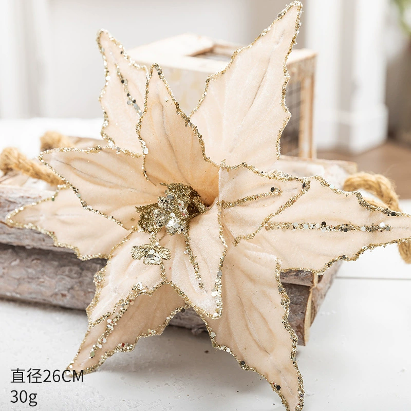 Вельветовая декоративная poinsettia (цветок) 26 см, блестящая окантовка, красный/зеленый/платиновый/шампанское золото