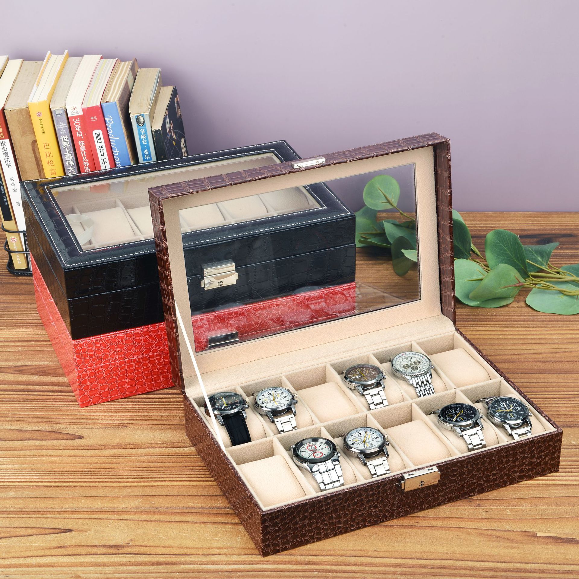现货批发黑色鳄鱼纹pu皮手表盒一字锁12位手表收纳盒饰品包装盒