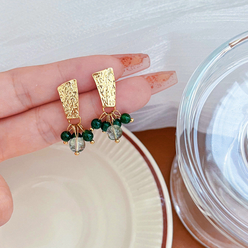 新款手作设计感绿珠子耳环女日韩小众独特款复古时髦耳钉耳饰批发