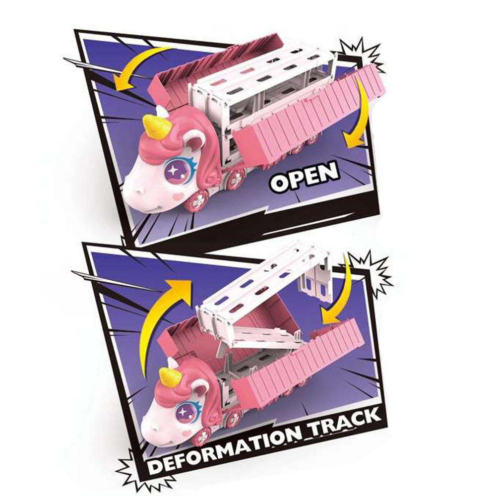 Nuevos productos infantiles catapulta deslizante contenedor deformación camión plegable unicornio transfronterizo vagón ferroviario juguetes interactivos para niños