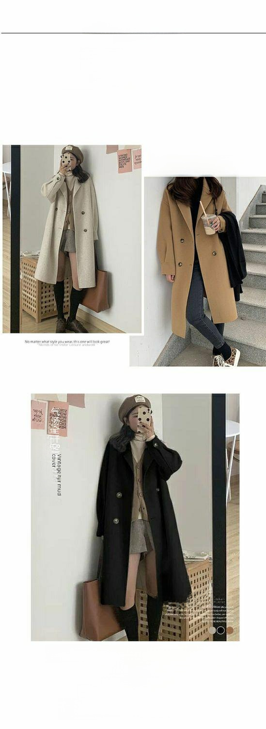 Wollmantel Damen Mittellang Klein Frühling und Herbst Neuer Hepburn-Stil Koreanischer Lockerer Beliebter Wollmantel Strickjacke_voghion.com