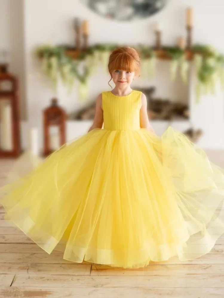 Nuovo vestito giallo per bambini, tulle soffice colore oliva Leevele 2025 Festa di compleanno per bambina banchetto principe_voghion.com