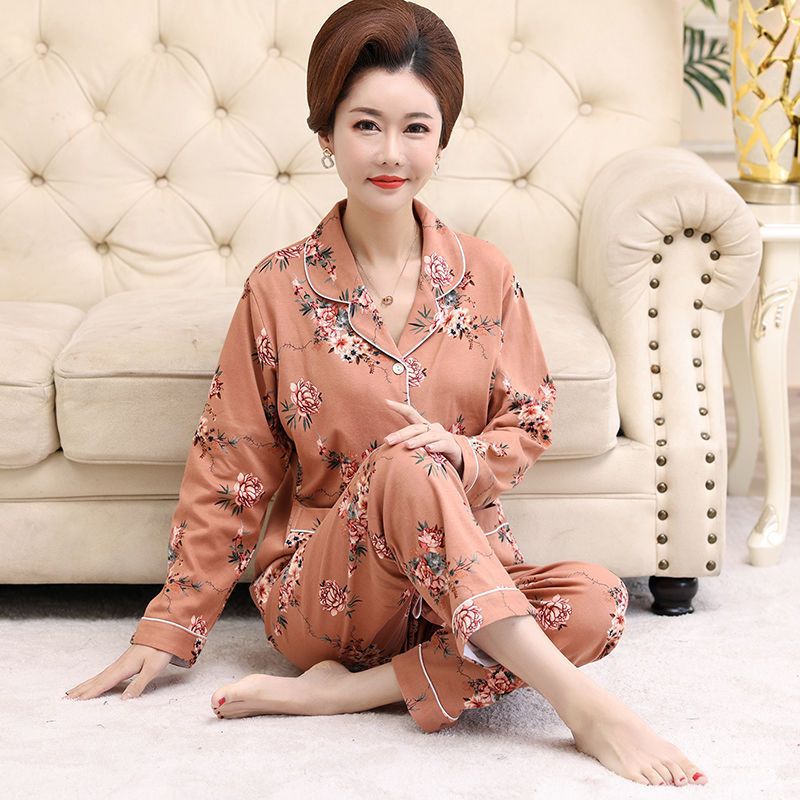 Primavera y otoño pijamas mujeres de mediana edad y madres ancianas 100% algodón de manga larga Chaqueta de punto traje suelto más tamaño ropa para el hogar