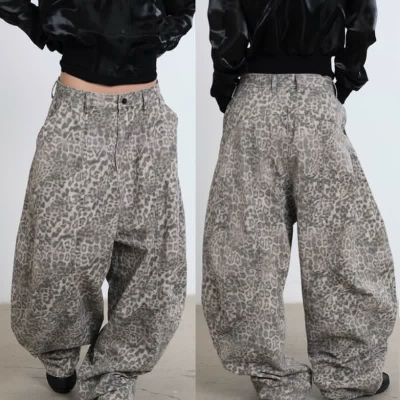 Unthinkable Versatile Silhouette Washed Leopard Print Jeans for Men and Women Casual Retro Loose Wide Leg Long Pants