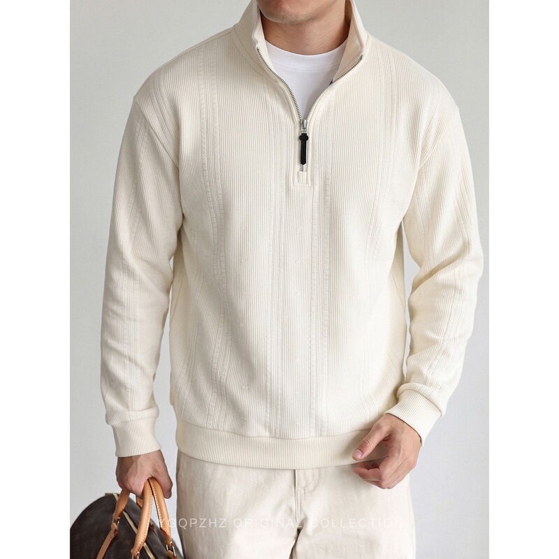Milan Quiet Luxury Old Money Style Vertical Striped Half-Zip Stand Collar Sweatshirt for Men, 2026 Early Autumn New Long Sleeve Top for Men