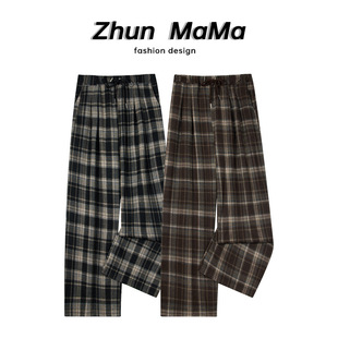 Pregnant Women Plaid Pants Women's Spring and Autumn Outer Wear 2024 New Retro Casual Woolen Wide Leg Pants Autumn and Winter Straight Long...