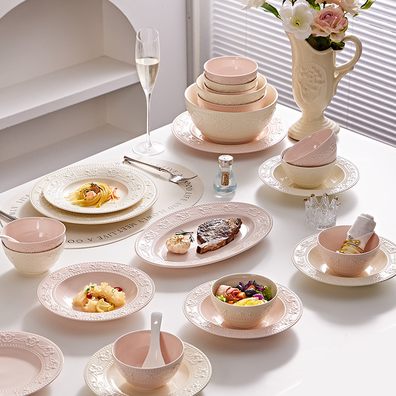 釉下彩新作浮彫りフレンチクリーム風高級感家庭用ご飯茶碗皿箸セット|undefined