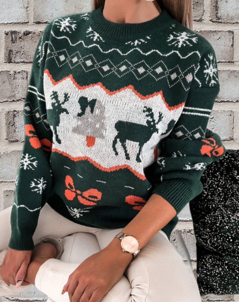 Maglione lavorato a maglia a maniche lunghe con scollo rotondo largo in jacquard natalizio da donna 2024_voghion.com