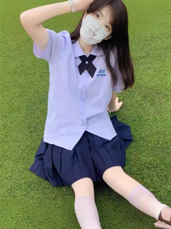 タイ制服学院風薄紫半袖学生クラス服jkシャツ女子児童襟上着百フリルスカートセット|undefined