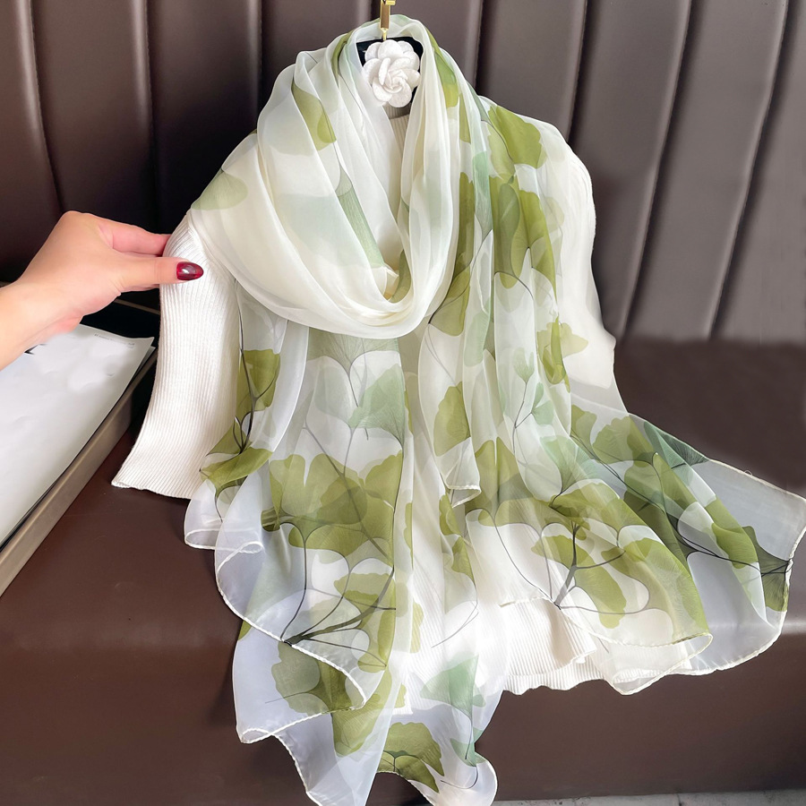 Yoru Summer Thin Sun Protection Large Beach Towel Long Printed Maple Leaf Shawl Versatile Silk Scarf_voghion.com