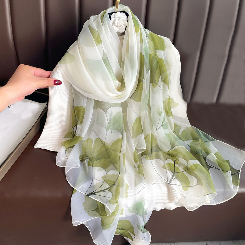 Soft Silk Scarf, Summer Thin Sunscreen Large Gauze Scarf, Beach Towel, Long Printed Maple Leaf Shawl Scarf, Versatile Silk Scarf