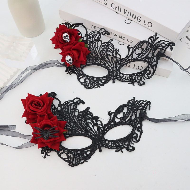 Nuevo estilo transfronterizo Halloween máscara de encaje de alta gama dos rosas decoración máscara de media cara accesorios de fiesta de disfraces