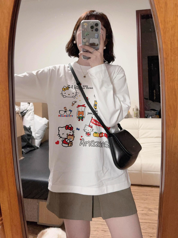 白色纯棉正肩长袖t恤女 春秋季新款kitty猫印花甜妹百搭宽松上衣|undefined