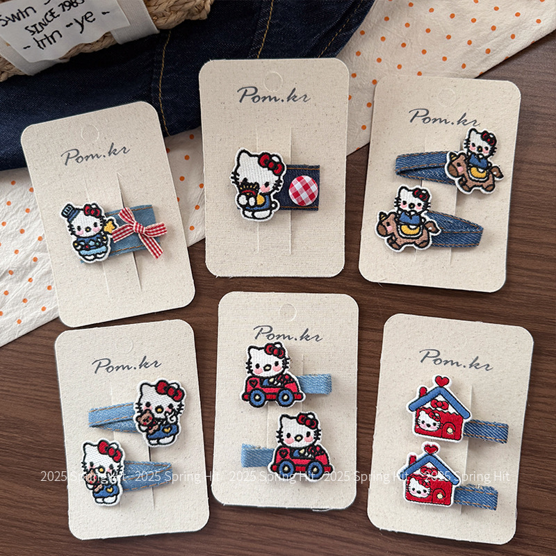 かわいい漫画の動物子供用ヘアクリップ KT 猫デニム前髪サイドクリップ刺繍女の子ヘアピンヘアアクセサリー|undefined