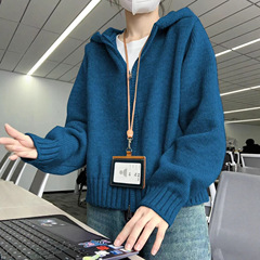 纯色连帽拉链毛衣外套女秋冬2025新款复古休闲慵懒风宽松针织开衫