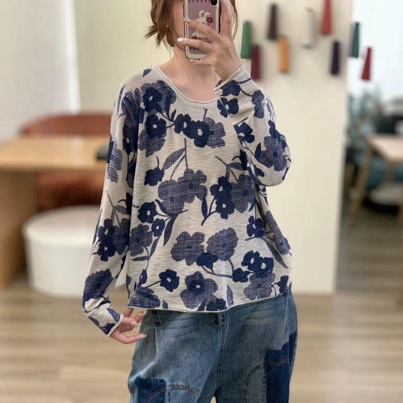 26 Autumn New Round Neck Bamboo Cotton Printed Pullover Long Sleeve Casual Loose Youthful Knit Sweater for Women 26 Autumn New Round Neck Bamboo Cotton Printed Pullover Long Sleeve Casual Loose Youthful Knit Sweater for Women