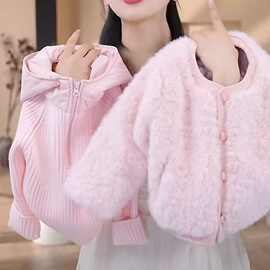 女童毛毛外套新款2025儿童洋气加厚连帽毛衣时尚毛毛加棉外套套装