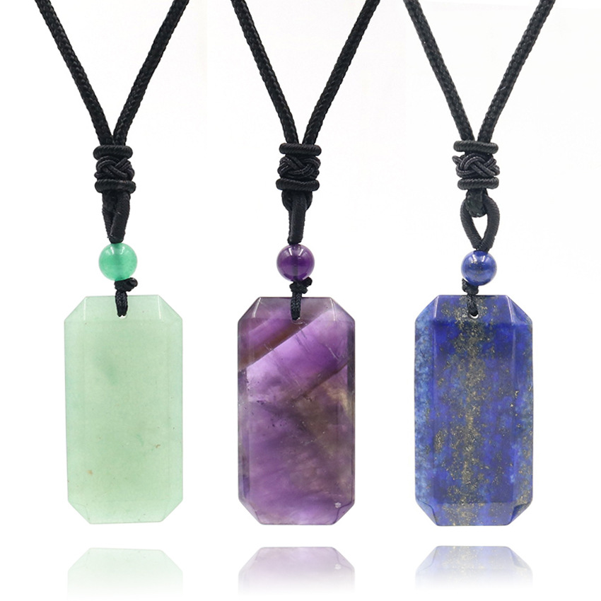 Chinese style simple natural crystal gem rectangular no-matter card pendant necklace suitable for boys and girls daily accessories