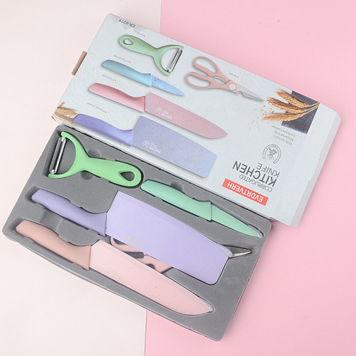 Stainless steel macaron colored wheat straw six-piece set of knives, baby food chef cooking gift set