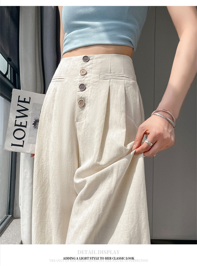 Quần tây nữ ống đứng cạp cao dáng suông vải linen phối khuy — Màu đen thông thường chi tiết 40