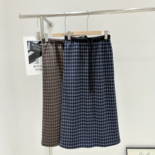韩国订单秋冬新款松紧腰系带拼色格纹后开叉半身裙A字裙中长款女