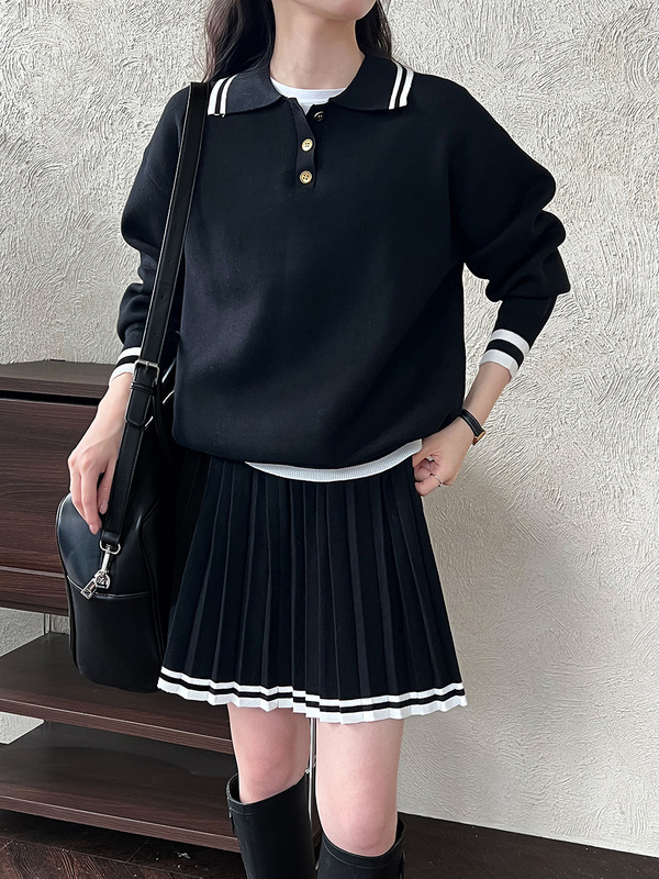 鹿西学院风polo领卫衣+高腰百褶半身短裙套装女2025秋季新款ss631|undefined