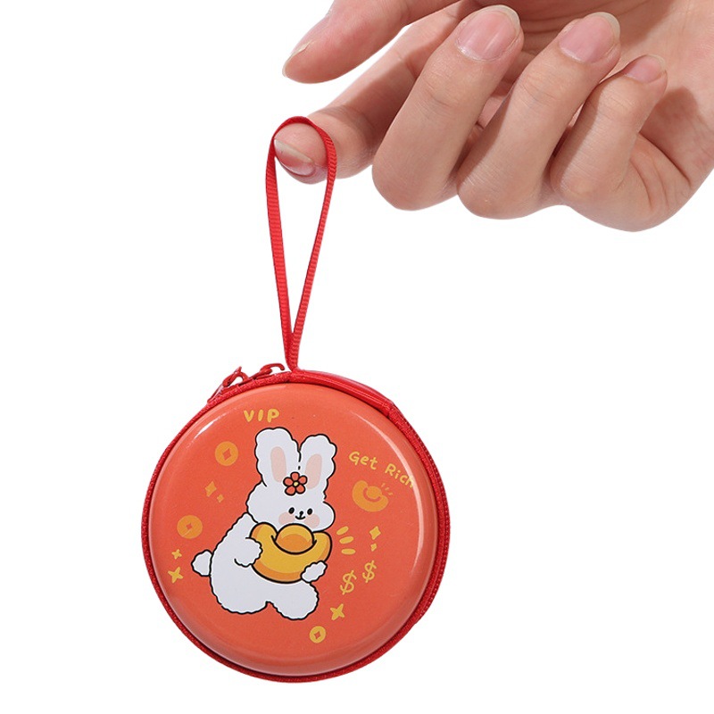 Creative Round Tinplate Coin Purse Mini Cartoon Zipper Data Cable Storage Bag Headset Keychain Small Wallet
