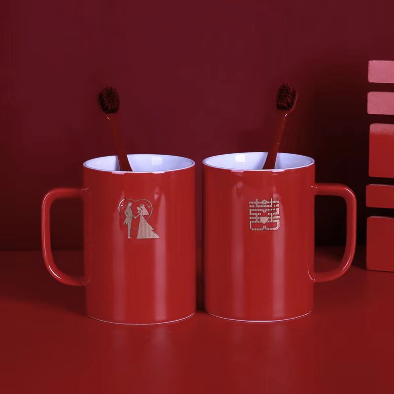 Taza de enjuague de boda, un par de tazas de cepillo de dientes de boda rojas, tazas de cepillo de dientes de boda, set de tazas de dientes de boda