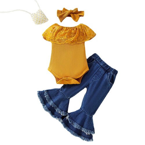Cross-border Kids' Clothing  Summer Baby & Toddler Jumpsuit Romper Set with Lace Trim, Plus Denim Flared Pants for Girls