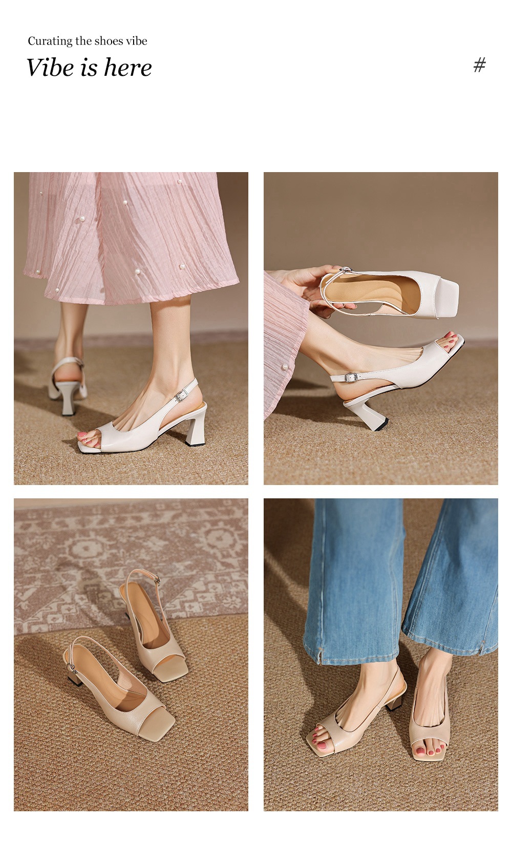 Sandal cao gót nữ mũi vuông hở ngón, quai ngang một dây, gót vuông ổn định — màu trắng ngà chi tiết 6