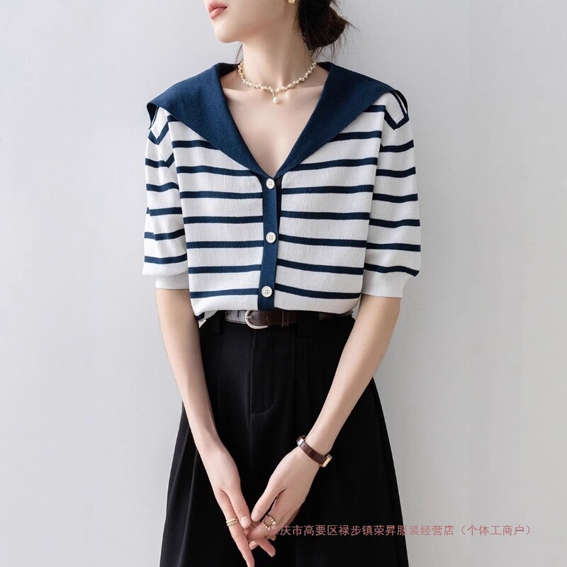Blue Striped Ice Silk Sweater Women's Summer New Cardigan Navy Collar Contrast Color Thin Chic Short Sleeve Top
