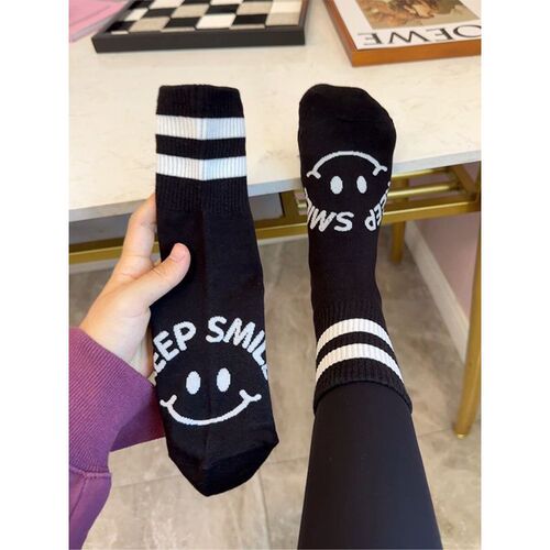Korean Dongdaemun Dual Bar Smiling Socks Women's Mid-Calf Cotton Socks Autumn New Comfortable Breathable Sports Socks for Women