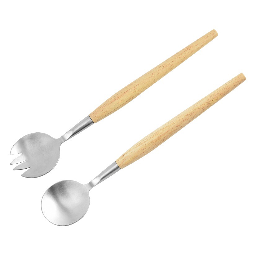 Acero inoxidable mango de madera ensalada tenedor cuchara traje presión fundido Acero caucho mango de madera ensalada tenedor cuchara combinación traje ensalada cuchara
