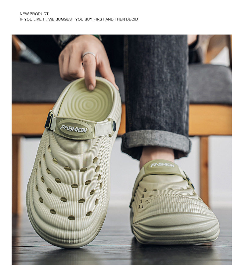 Dép lỗ nam kiểu Crocs mùa hè chống trượt, mũi tròn bảo vệ, đi biển và lái xe — Trắng, màu xanh nhạt, đen chi tiết 18