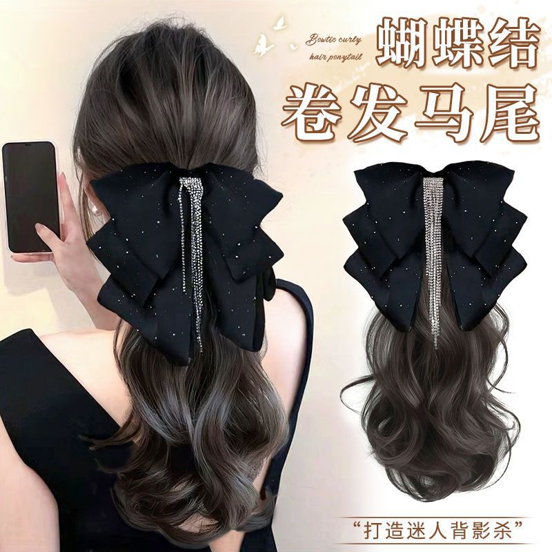 Cauda de caballo pelucón de cabello de mujer larga curva estrella agarrando clip de diamante flange arco de simulación de cabello bajo trenzada falsa cola de caballo